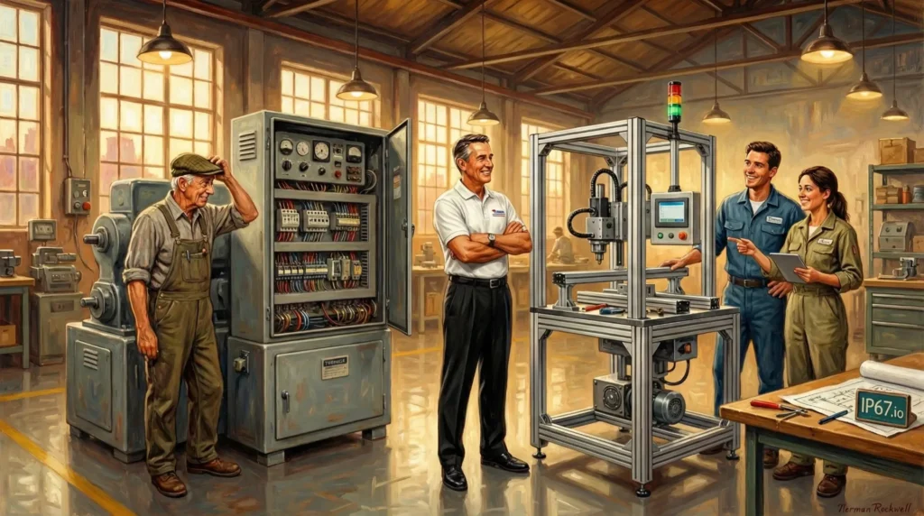 Norman Rockwell style illustration of two engineers collaborating at a modern industrial machine station, viewing an HMI screen displaying the text IP67.io.