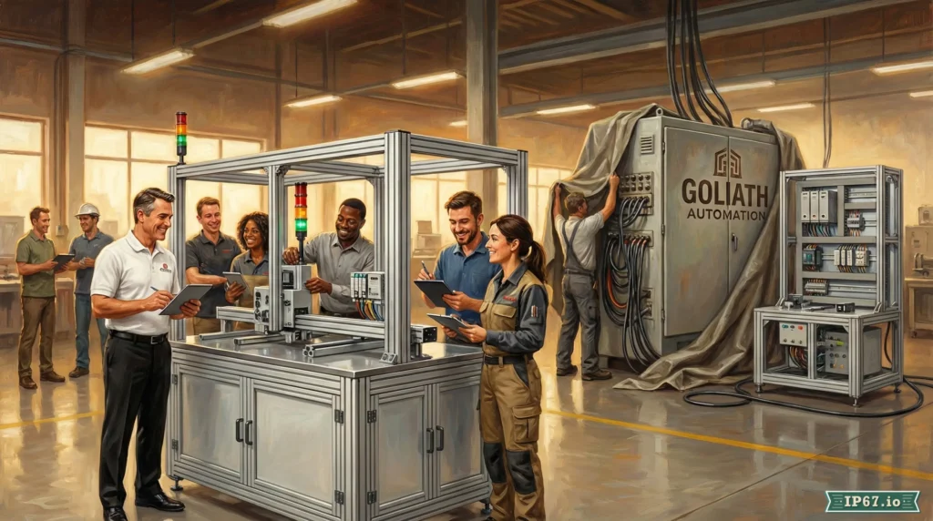 Norman Rockwell style illustration of a senior and junior engineer standing before a modern, streamlined industrial machine, viewing an HMI screen displaying 'IP67.io