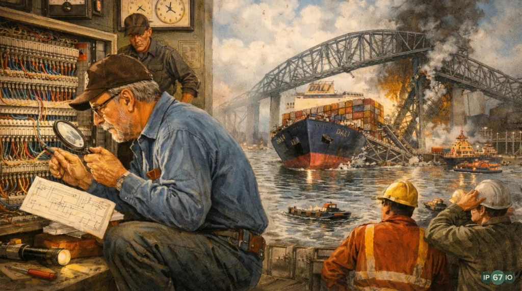 Industrial technician inspecting terminal block wiring failure contrasted with modern IP67 connectorized automation designed to eliminate loose wire terminations and downtime