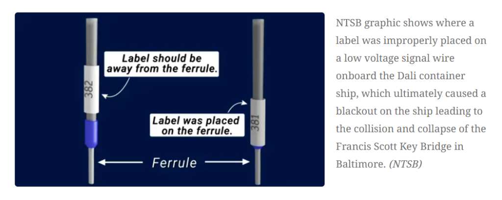 NTSB graphic shows where a label was improperly placed on a low voltage signal wire onboard the Dali container ship, which ultimately caused a blackout on the ship leading to the collision and collapse of the Francis Scott Key Bridge in Baltimore. NTSB